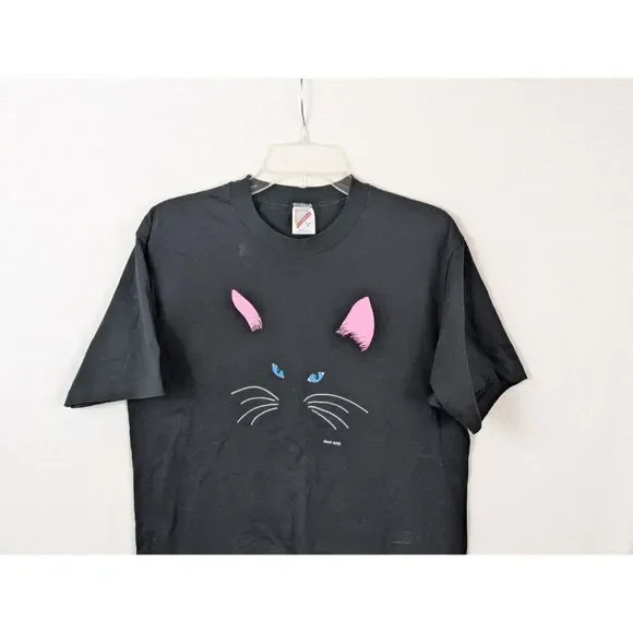 Vintage 1986 Cat Face T-Shirt Black Women's Size Large 42-44 - Picture 4 of 11